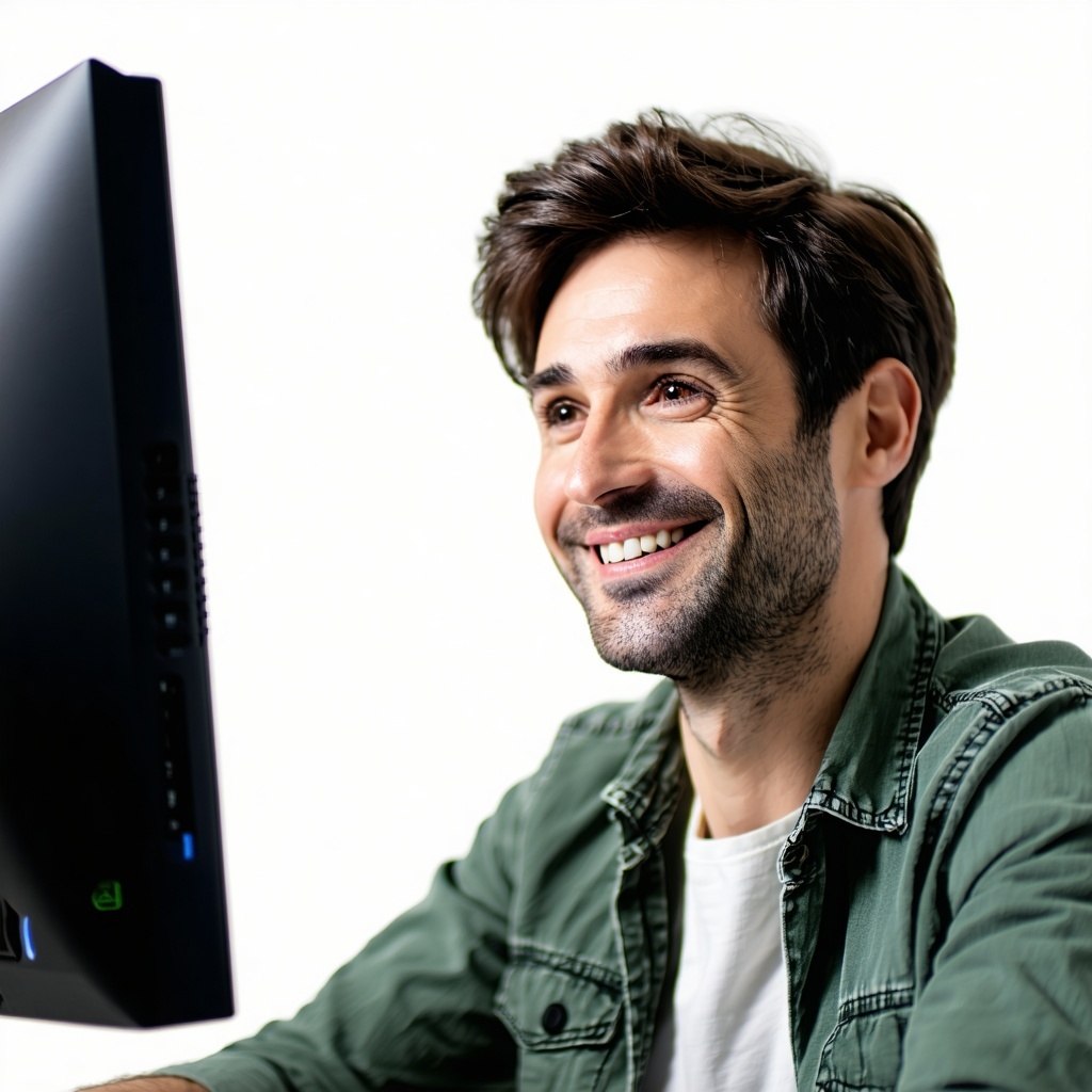 a man with brown hair facing his computer and smiling