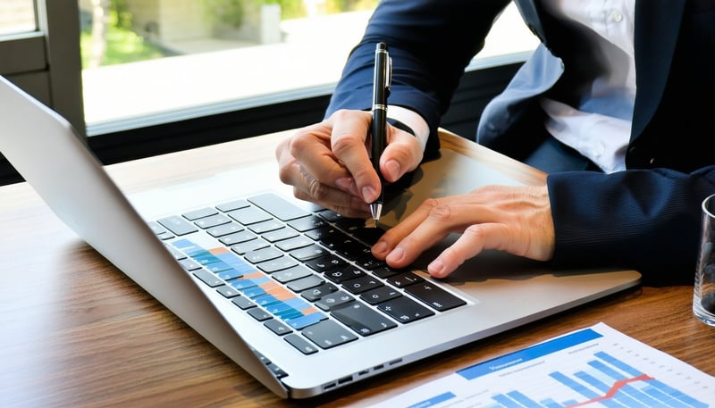 Bookkeeping specialist reviewing financial records on a laptop with QuickBooks Online interface.